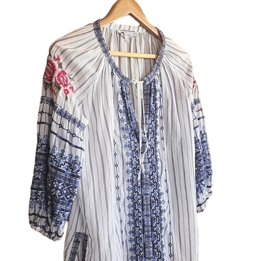 JOHNNY WAS Workshop Shea Peasant Blouse S Santori Stripe Embroidered Boho Anthro - Picture 14 of 16